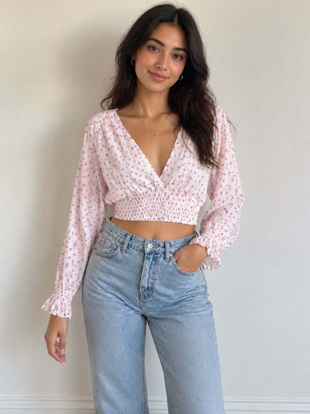 Zara Smocked Crop Top with Pink Floral Print